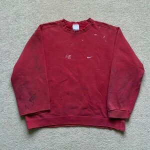 Vtg 90s Cherry Red Nike Swoosh Crewneck Sweatshirt Paint‎ Splattered Distressed